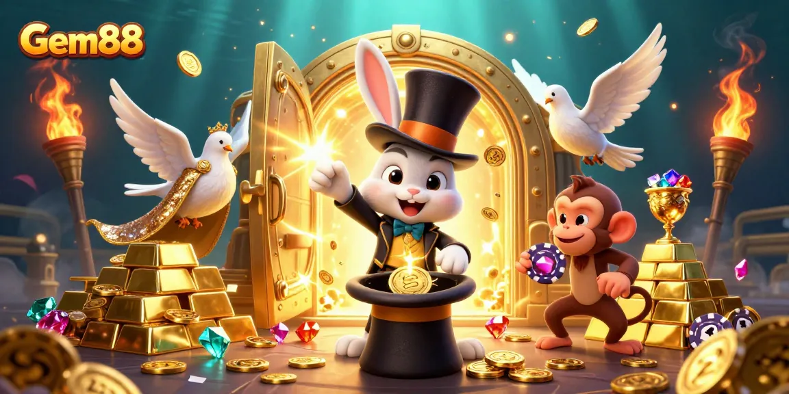 Engage in exciting gameplay at Gem88 with a magician rabbit, glamorous dove, and monkey in a thrilling casino fantasy.