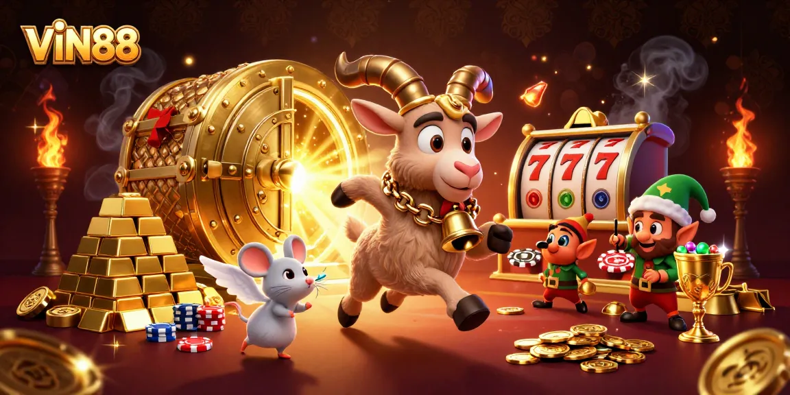 Engage with VIN88's festive casino featuring Krampus, angel mouse, and gremlin thieves amidst vibrant gaming action.
