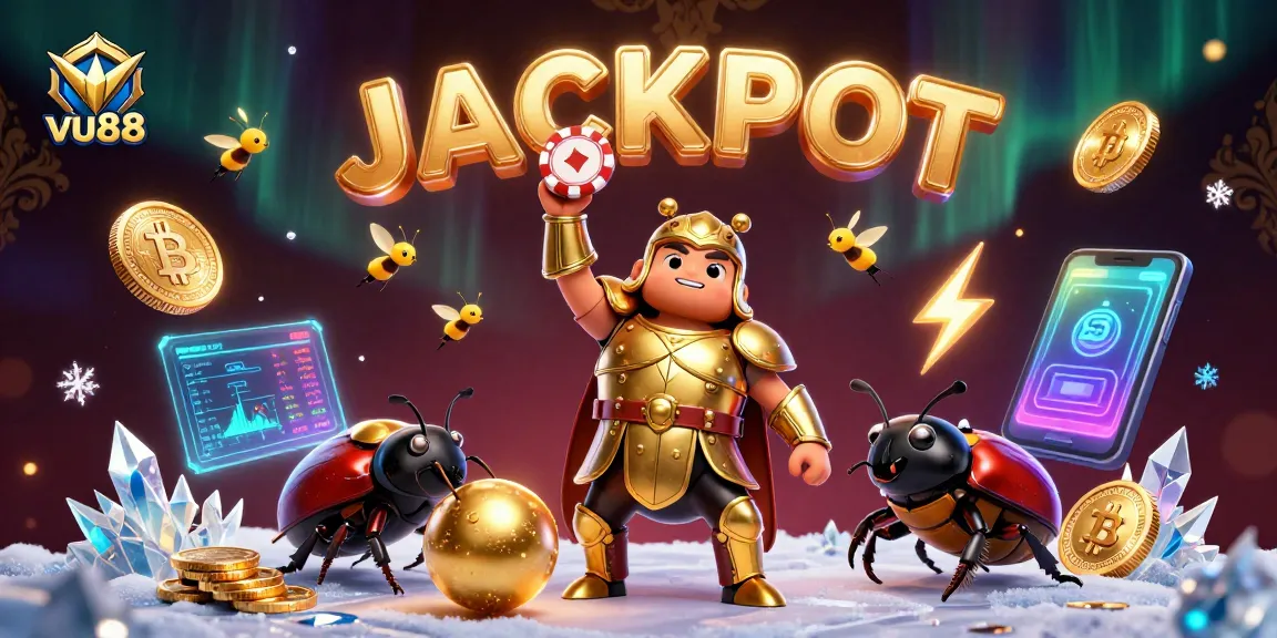 Celebrate your winnings at vu88 with a triumphant beetle, coins, and a dazzling jackpot!