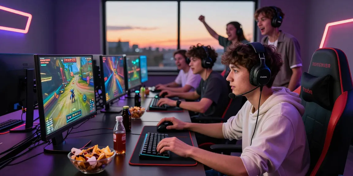 Group of gamers enjoying rokok88 super game with vibrant lighting and snacks