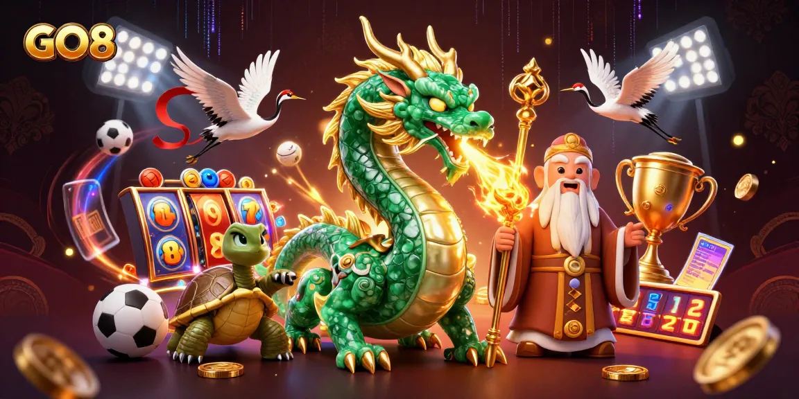 Experience GO8 with vibrant gaming elements featuring a jade dragon, turtles, and lucky cranes in a dynamic casino scene.