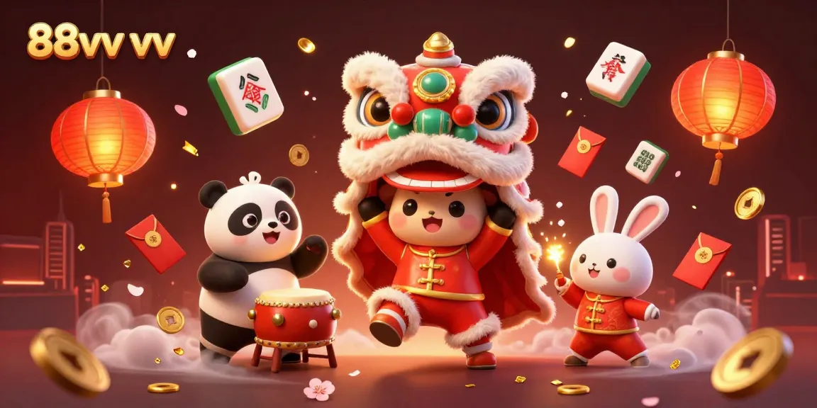 Experience the excitement of 88vv vv with a vibrant 3D lion dance illustration surrounded by festive elements.