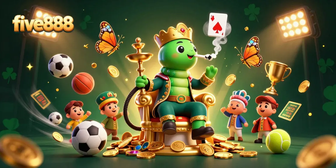 Experience excitement with five888 as a caterpillar hookah-master creates poker symbols amidst dynamic sports elements.