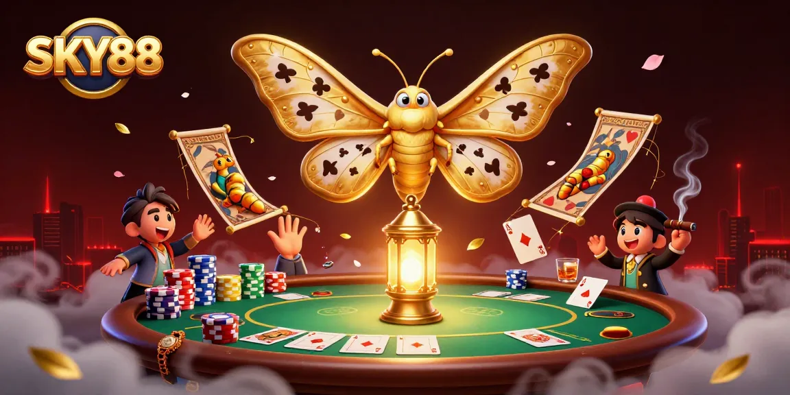 Engage with SKY88's vibrant gaming world featuring thrilling poker scenes and golden casino elements.