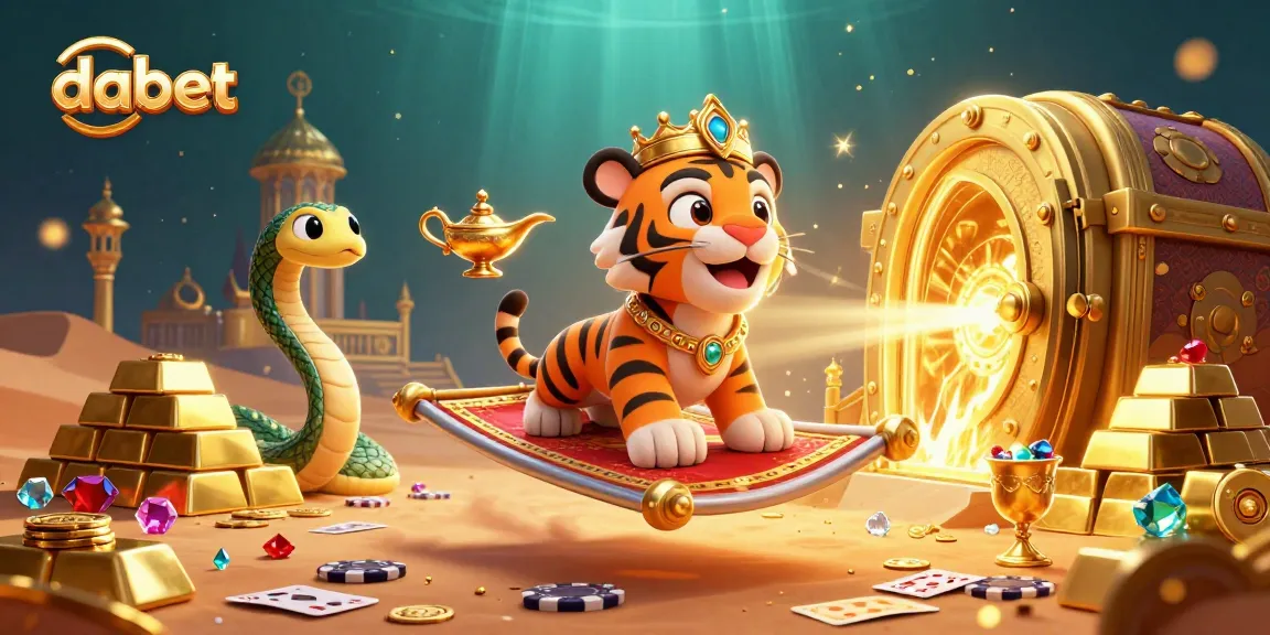 Experience thrilling moments at Dabet with a vibrant 3D casino scene showcasing a sultan on a poker chip carpet.