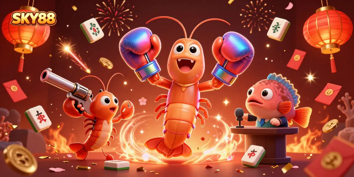 Watch SKY88 showcase thrilling underwater gaming with vibrant shrimp characters and festive elements.