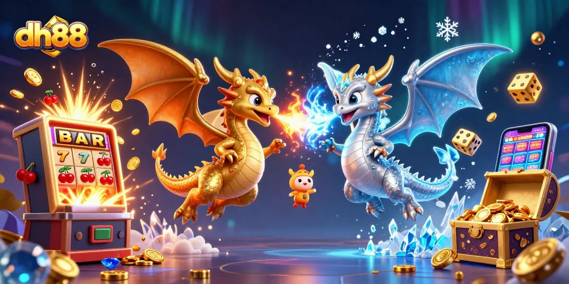 dh88 offers a thrilling casino experience where players celebrate jackpots with gold and silver dragons.