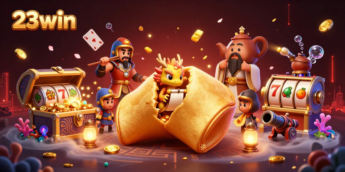 Engage with 23win's vibrant casino experience featuring a golden fortune cookie and lively game elements.