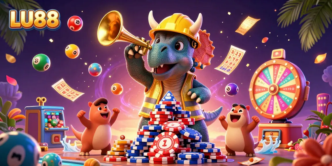 LU88 players enjoy vibrant slots and thrilling jackpots in this colorful casino illustration.