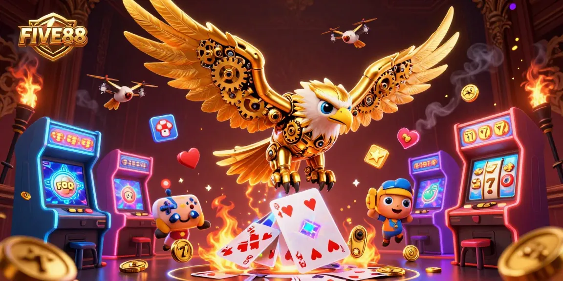 Immerse in the vibrant gaming world of FIVE88, featuring a golden eagle soaring through a cascade of colorful cards.