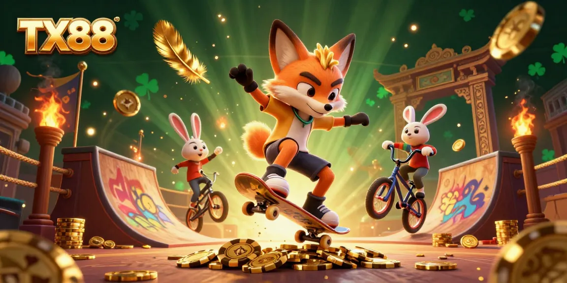 Experience the thrill of TX88 with vibrant casino-themed characters amid dynamic gaming elements.