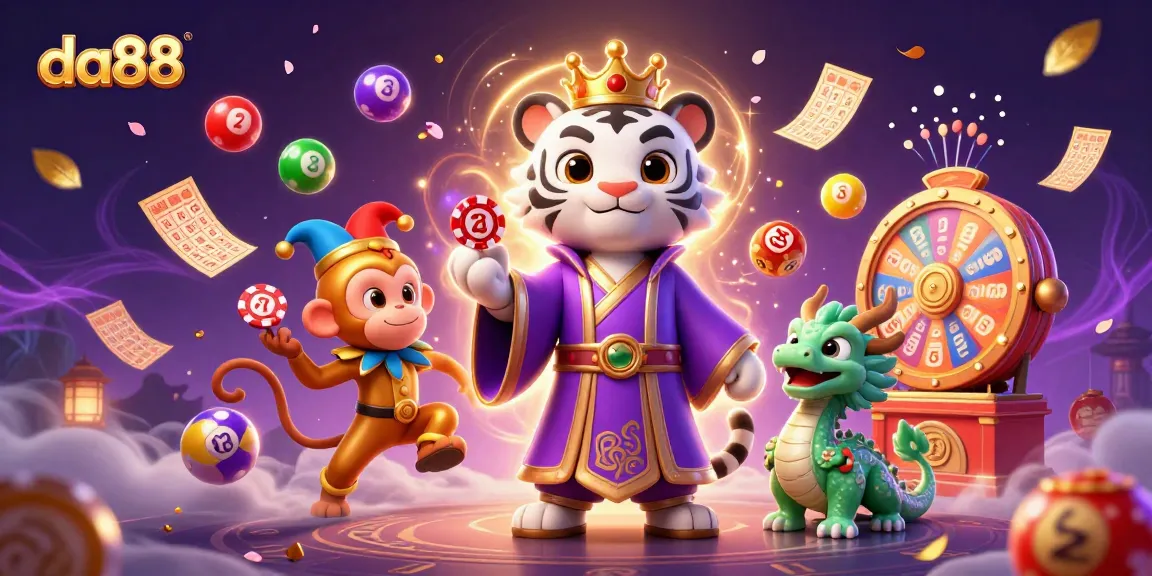 da88 offers a vibrant casino experience with a playful tiger, monkey, and dragon in action.