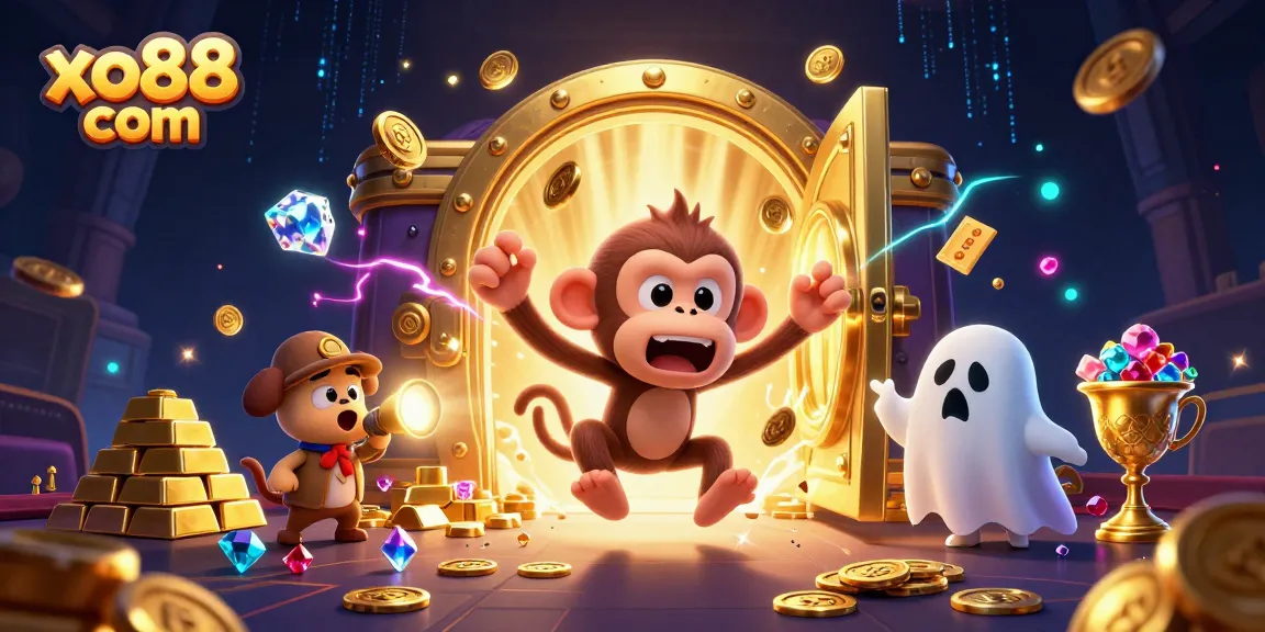 Experience the excitement at xo88 com with playful casino-themed characters in a dynamic illustration.