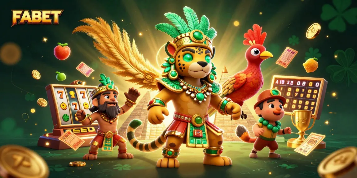 Play slots and win big with FABET's vibrant 3D casino scene featuring a Mayan jaguar priest.