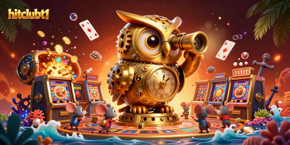 Engage with hitclubt1 as the golden owl surveys a vibrant casino scene filled with treasure and excitement.