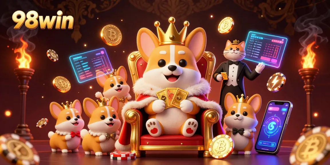 Win big with 98win in a vibrant digital casino experience featuring a royal corgi and interactive gaming elements.