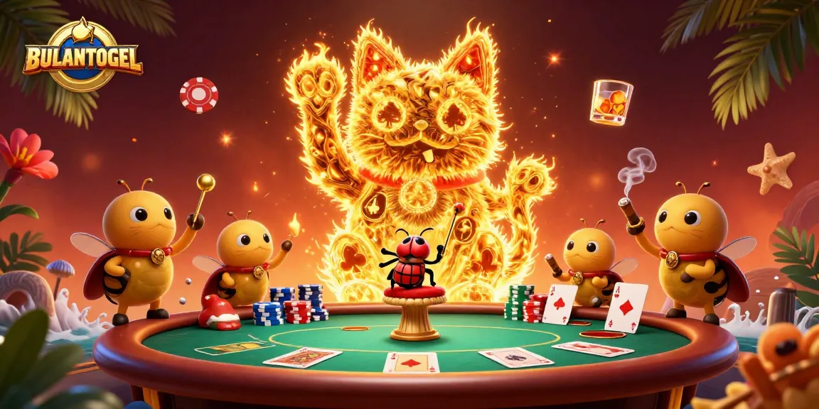 BULANTOGEL's dynamic poker scene features a lucky cat and vibrant poker elements.
