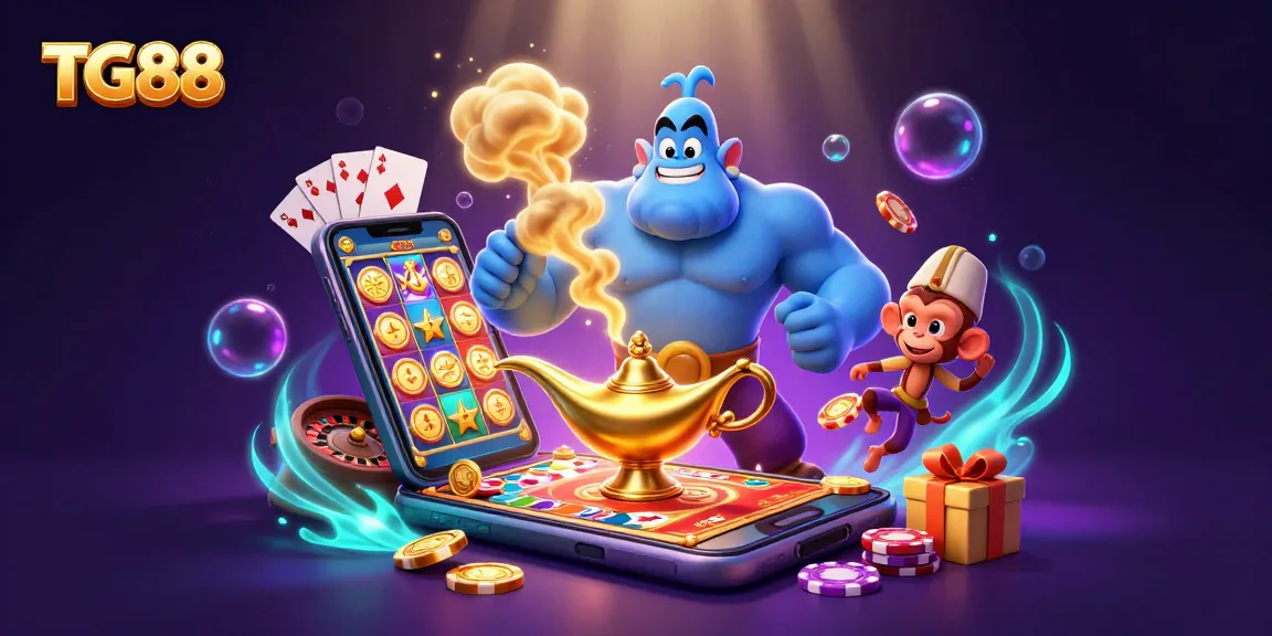 Engage with winnings at TG88 through a mesmerizing 3D illustration featuring a genie amidst casino elements.