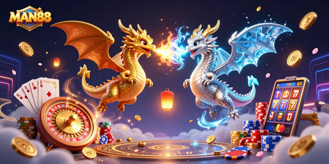Win big at MAN88 with a magical scene of dragons and casino treasures in this vibrant illustration.