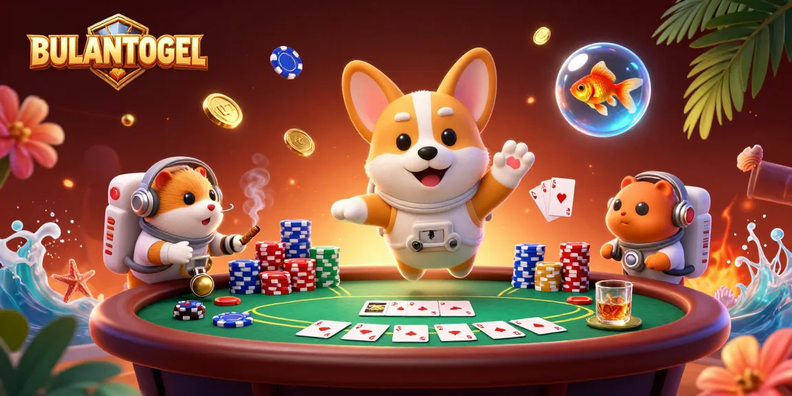 BULANTOGEL showcases an astronaut corgi in a space casino surrounded by poker elements and rich colors.