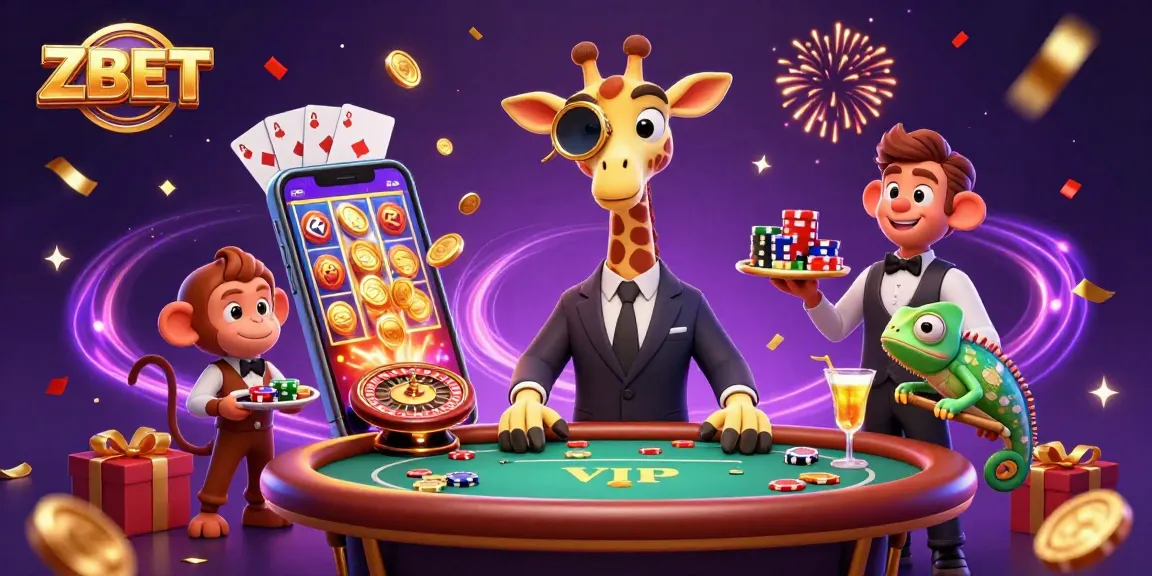 ZBET brings excitement with a high-roller giraffe, poker games, and festive casino elements.