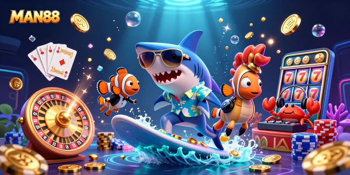 Experience gaming thrills with MAN88's dynamic casino scene featuring vibrant characters and elements.