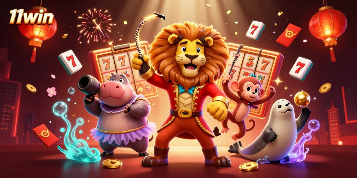 Engage with 11win's vibrant casino atmosphere featuring a circus lion and more!