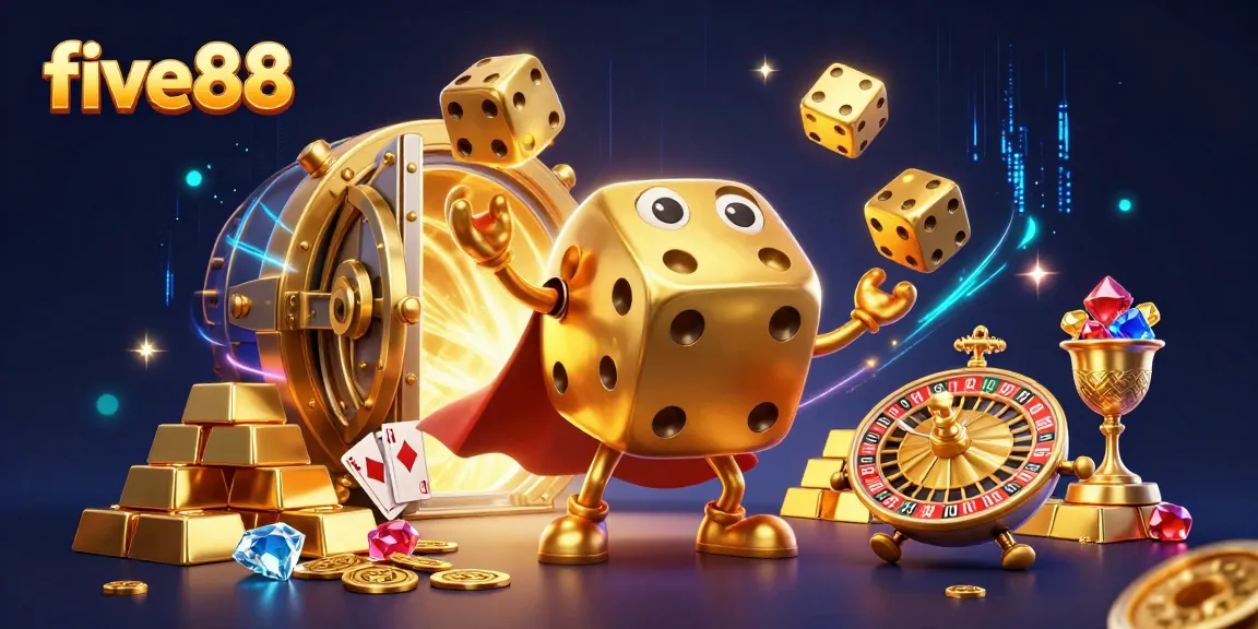 Engage with five88 through this vibrant 3D casino scene showcasing golden dice, treasures, and game elements.