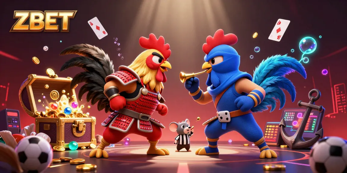 ZBET showcases a thrilling cockfight scene with animated roosters amid sports betting elements, perfect for gamblers.
