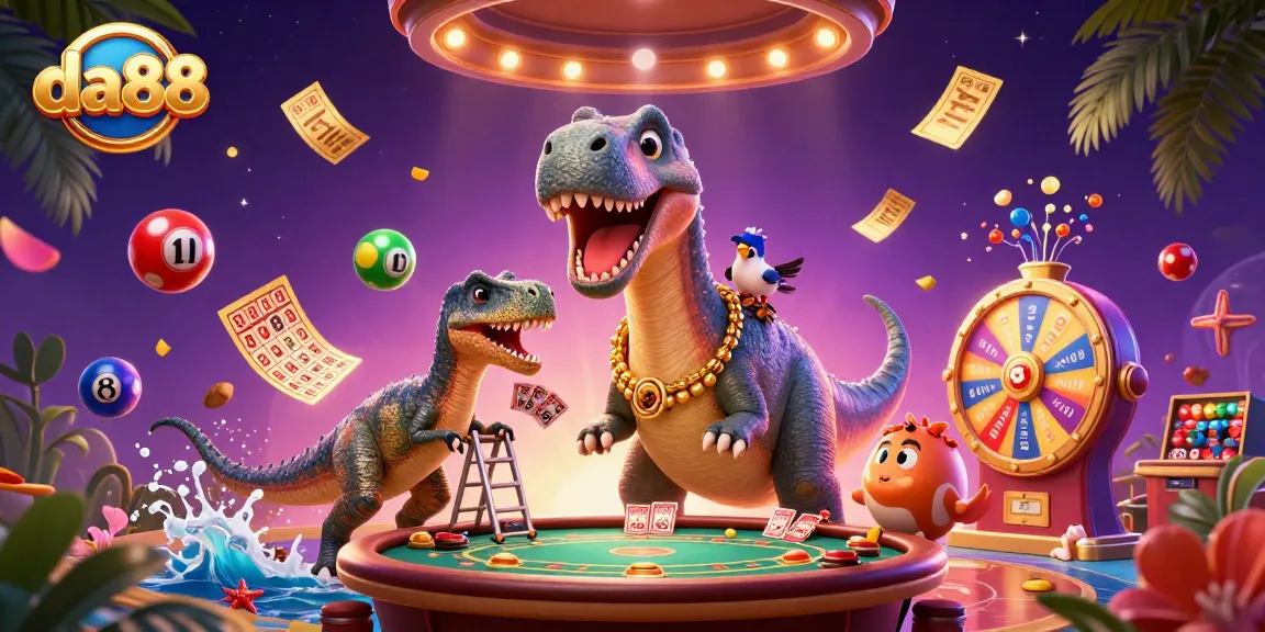 Experience da88 in a vibrant casino scene with dynamic lottery elements and playful dinosaur characters.