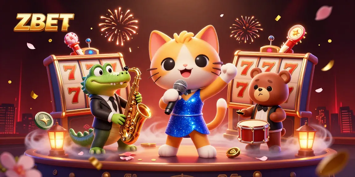 ZBET brings excitement with a vibrant scene of a jazz-singer cat, crocodile, and bear in a lively casino setting.