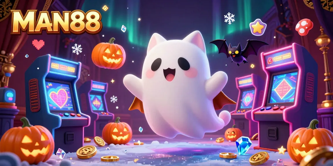 Engage with MAN88's vibrant haunted casino scene featuring a ghost cat and bat amidst gaming excitement.