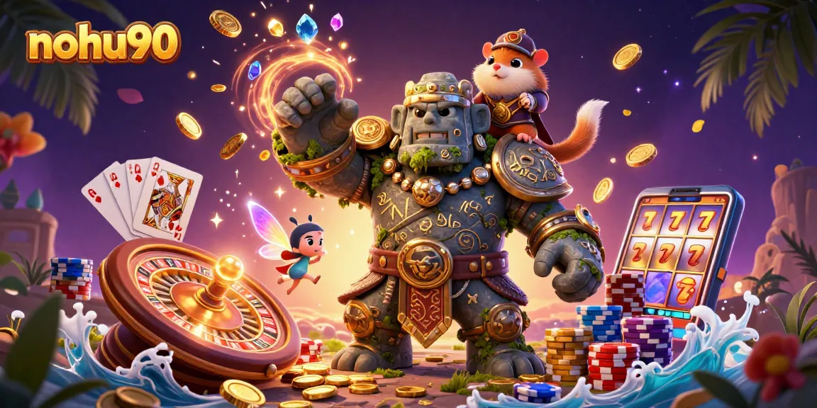 Experience vibrant gameplay with nohu90 featuring a golem guardian, fairy magic, and colorful casino elements.